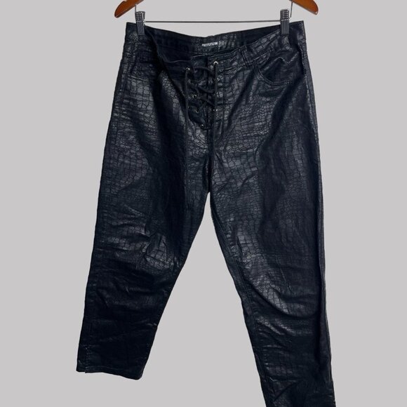 PrettyLittleThing Womens 10 Black Coated Croc Denim Flared Pants Drawstring - Picture 4 of 11